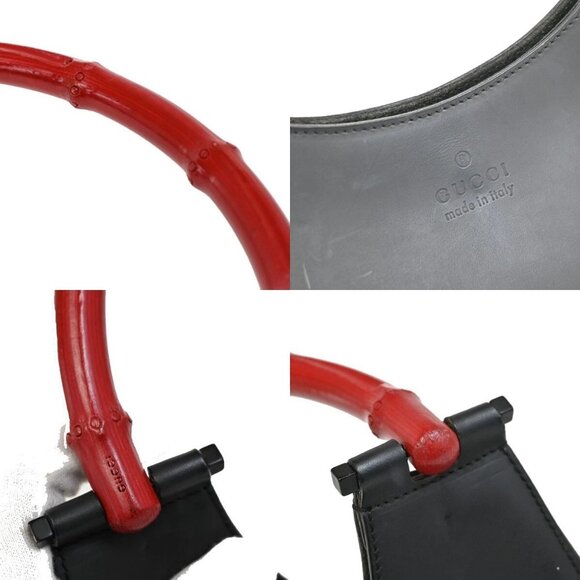 GUCCI Logo Bamboo Shoulder Hand Bag Leather Black Red Italy 61FB846 - Picture 9 of 16